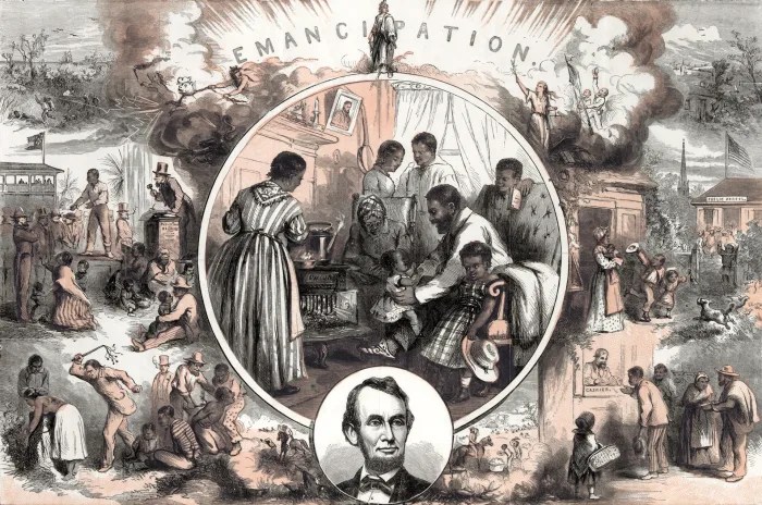 Illustrated print by Thomas Nast depicting life before and after emancipation. -Photo from Keith Lance/Getty Images