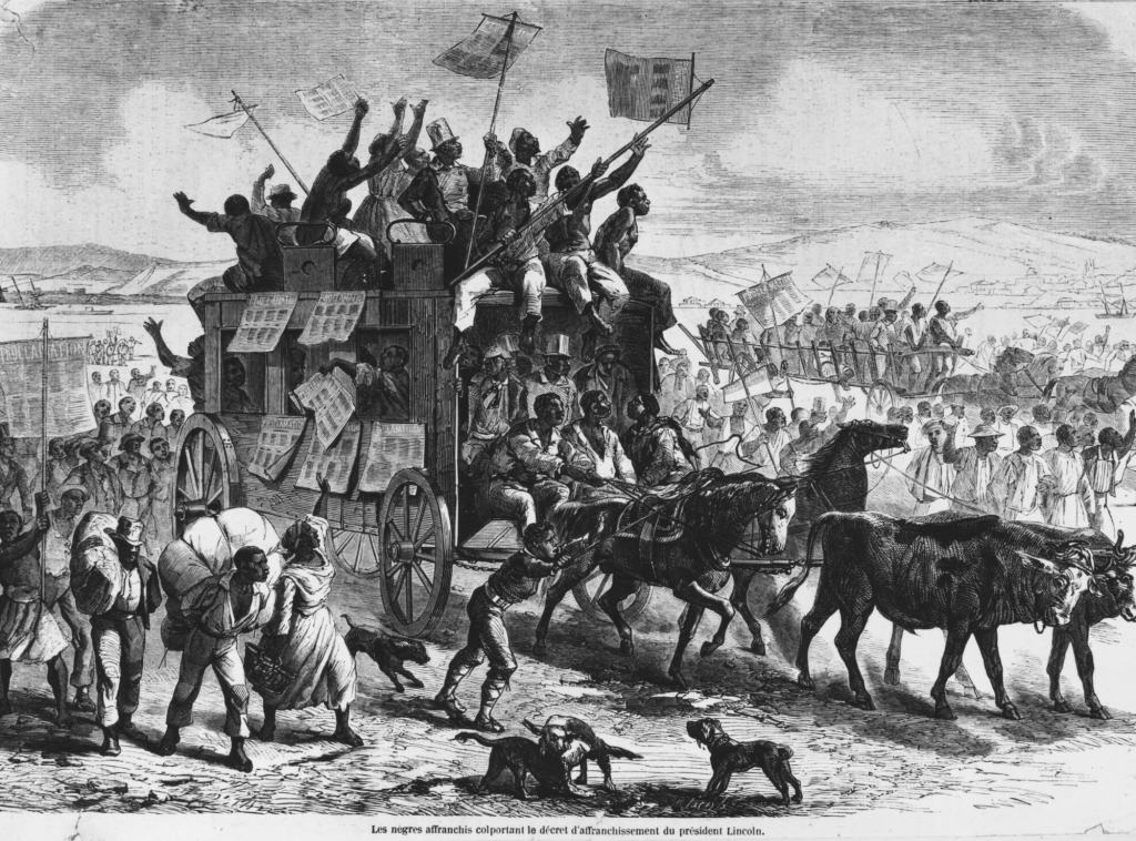 Photo from Hulton Archive/Getty images.    1864 illustration of crowds of people recently freed from enslavement.